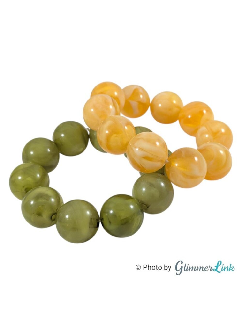 Vintage Marbled Lucite Bead Stretch Bracelet Set Chunky Green Yellow 19.5mm